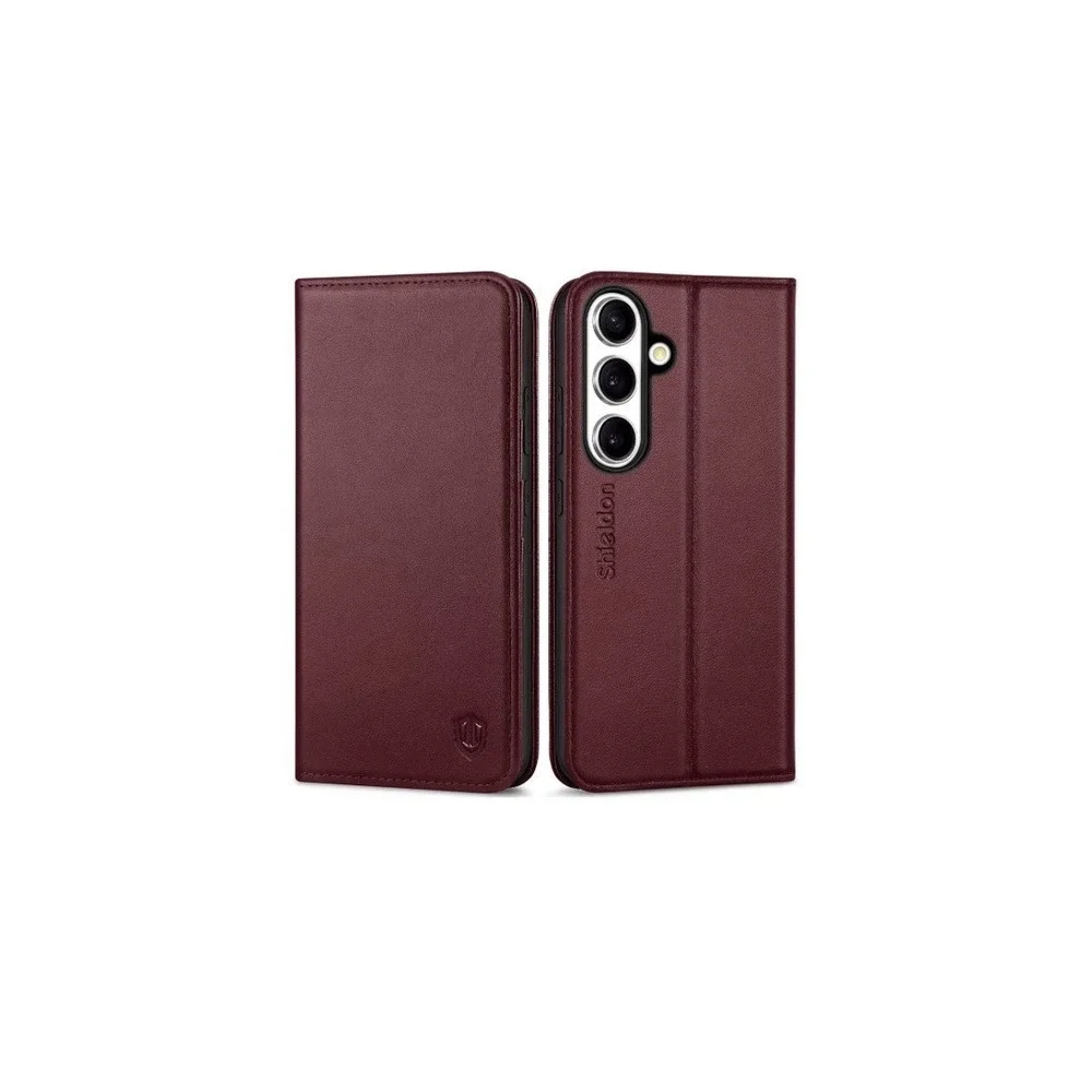 Shieldon Galaxy S25 FE Wallet Case Genuine Leather RFID Flip Cover Red Wine